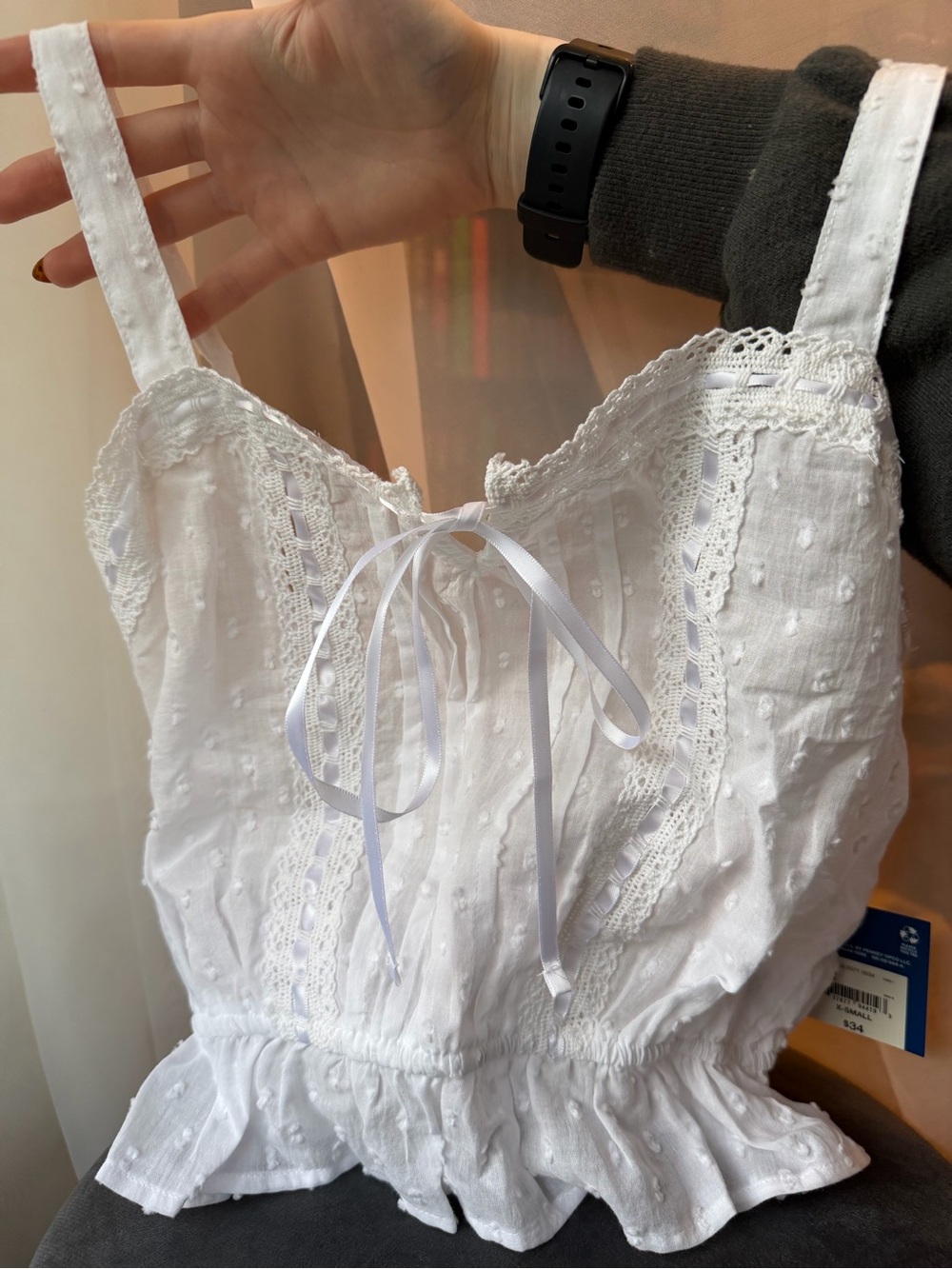 Arizona Jean Company White Lace-Trim Tie-Front Cotton Camisole